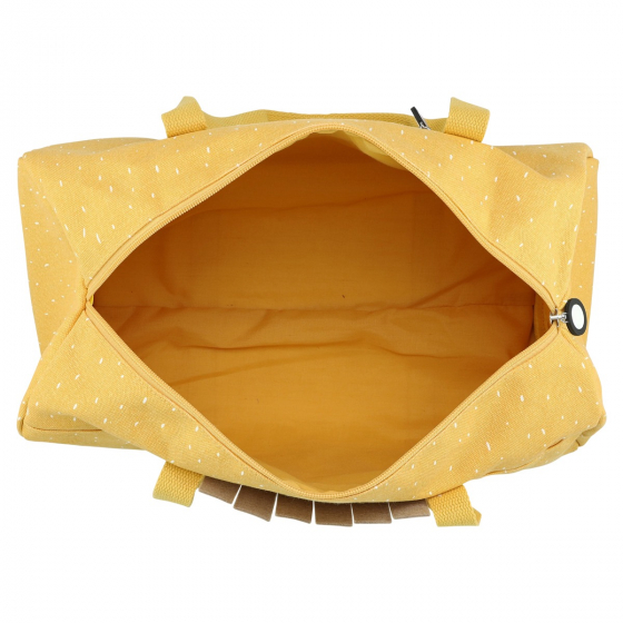 Saco amarelo com interiores amarelos e fecho zip aberto.