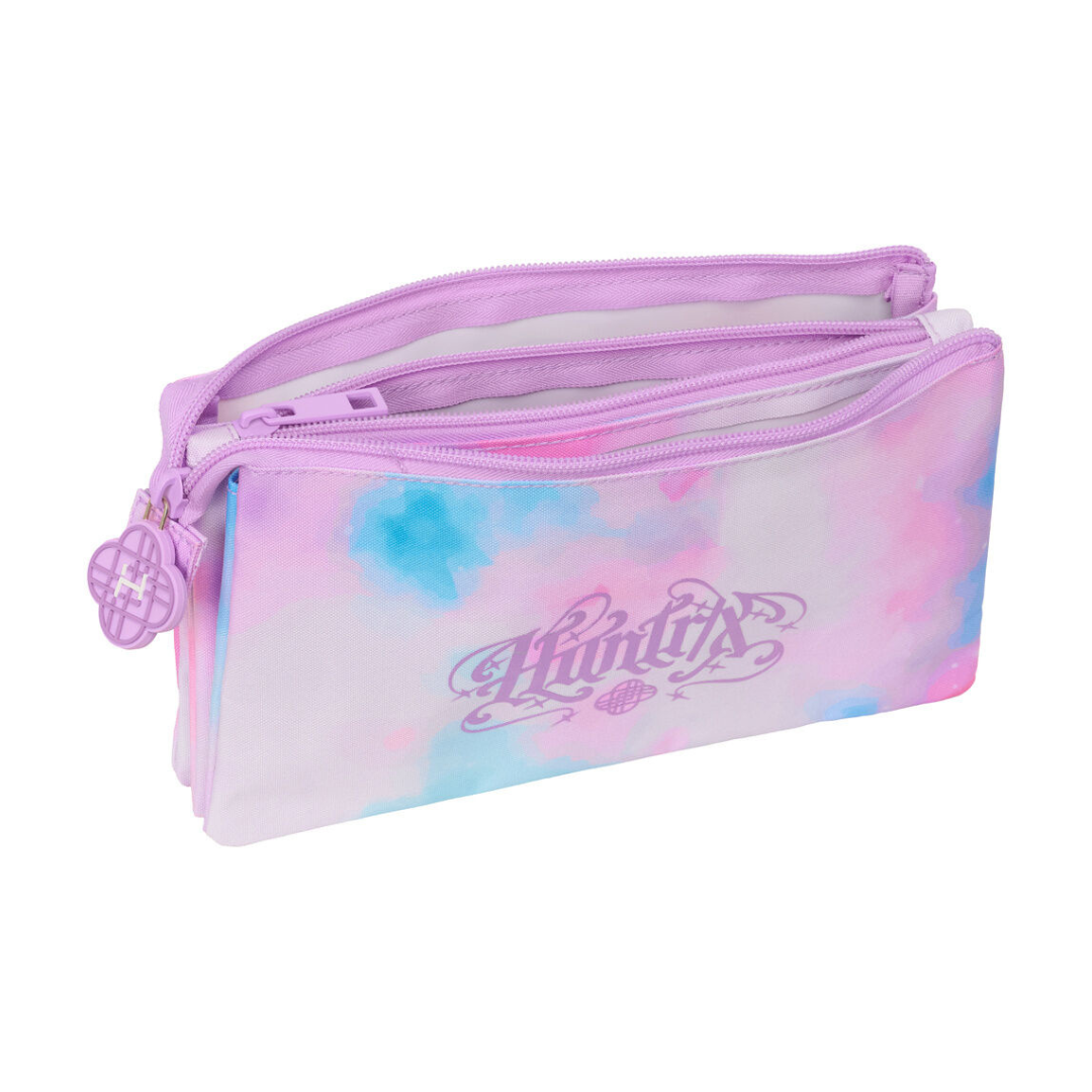 Estojo escolar com padrão em tons pastel rosa, azul e lilás com fechos de correr lilás