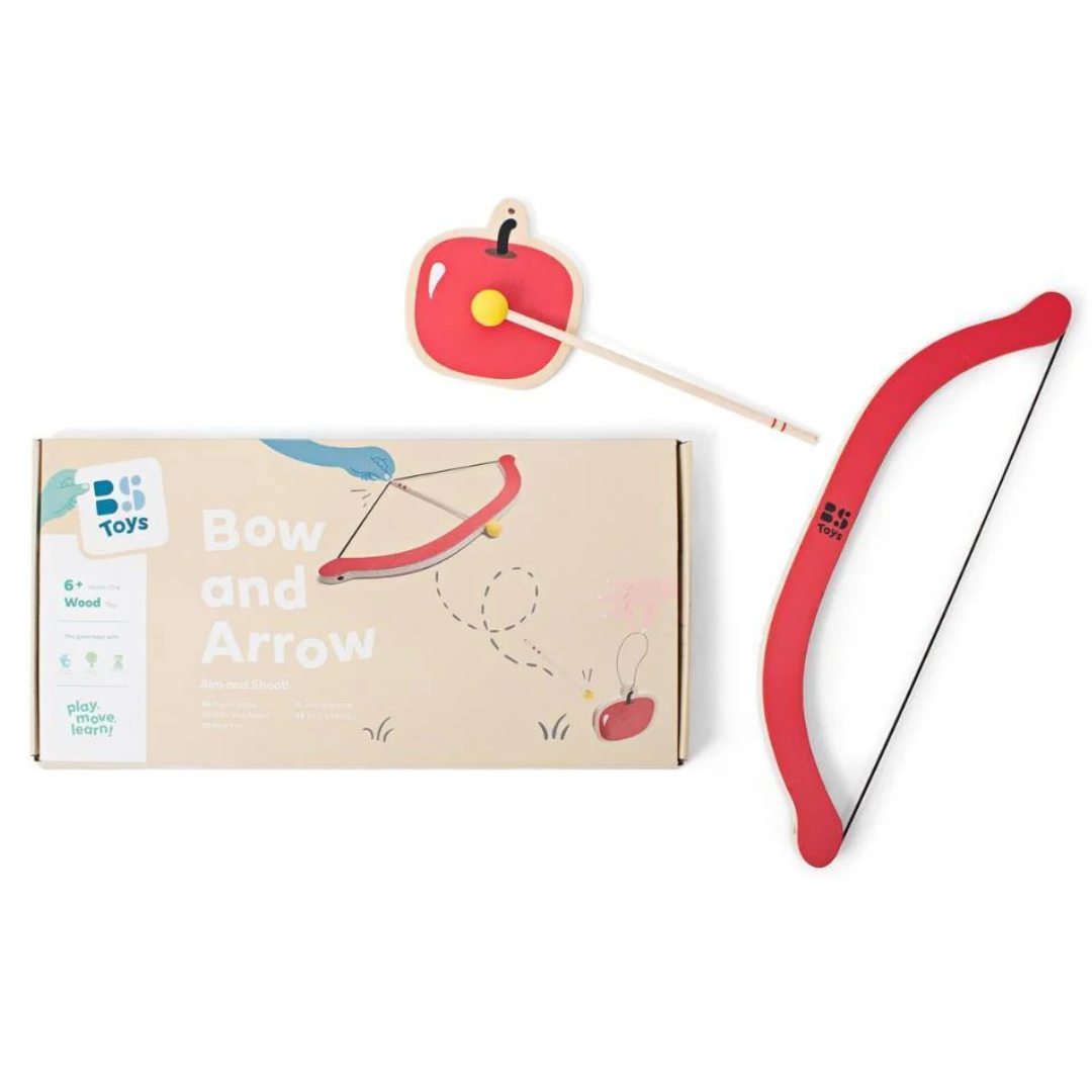 Arco de brinquedo vermelho com flecha de maçã e caixa com texto Bow and Arrow