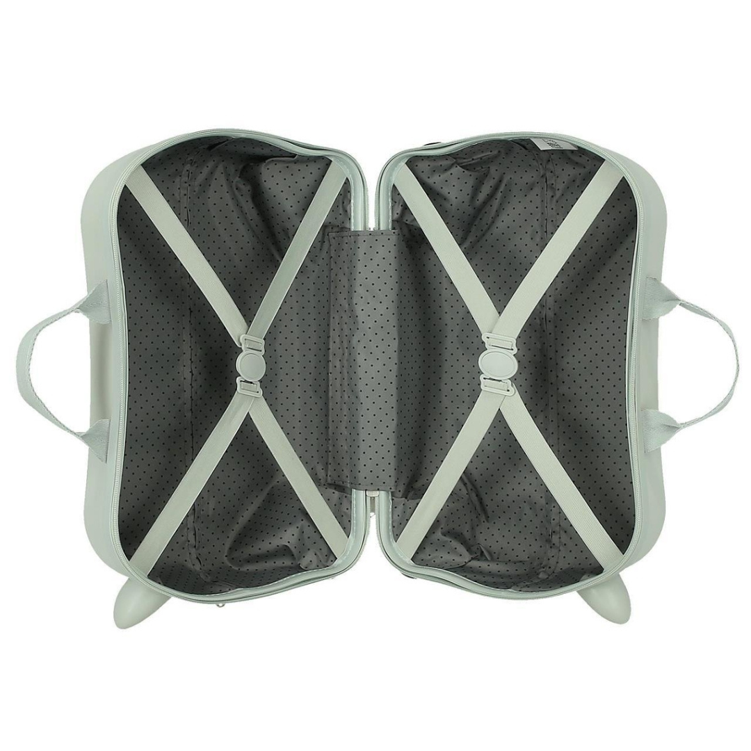 Interior de mala de viagem pequena com padrão de pontos e alças cruzadas