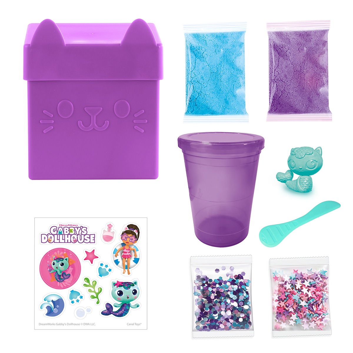 Conjunto de brinquedos com caixa roxa, copo transparente roxo, espátula azul, glitter e autocolantes Gabbys Dollhouse.