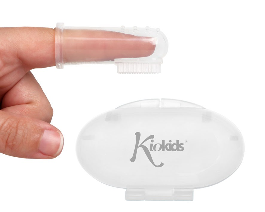 Escova de dedo transparente para bebés com estojo branco da marca Kiokids