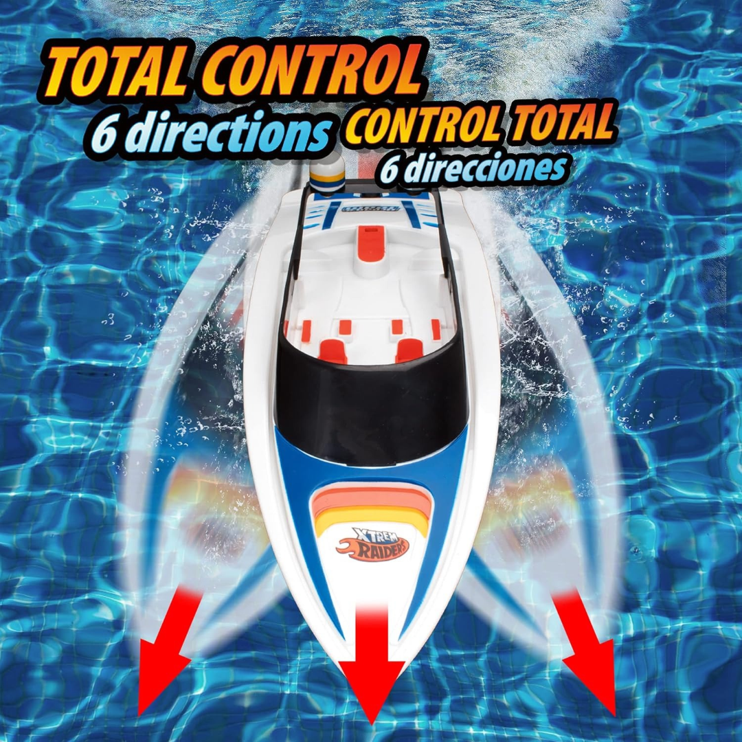 Barco branco de controlo remoto numa piscina azul com texto sobre controlo total e direções