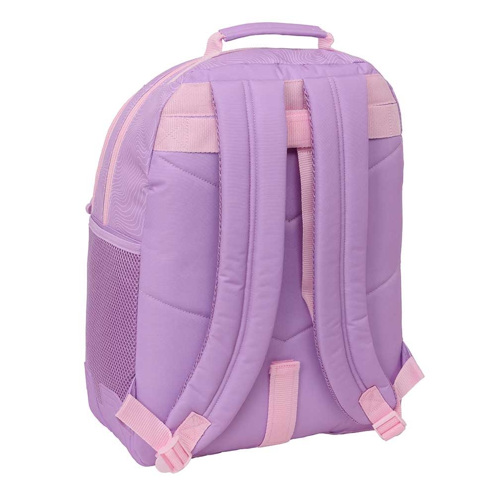 Mochila lilás vista de trás com alças e bolso lateral em rede.