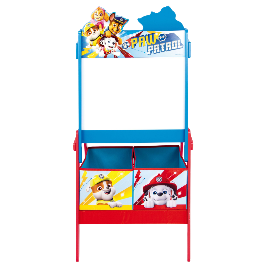 Quadro de desenho infantil azul e vermelho com personagens da PAW PATROL e duas caixas de arrumação coloridas