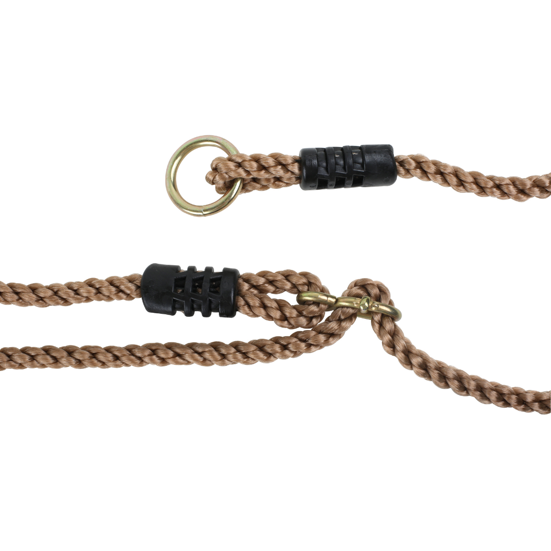 Cordão torcido castanho com fecho metálico e detalhes em plástico preto