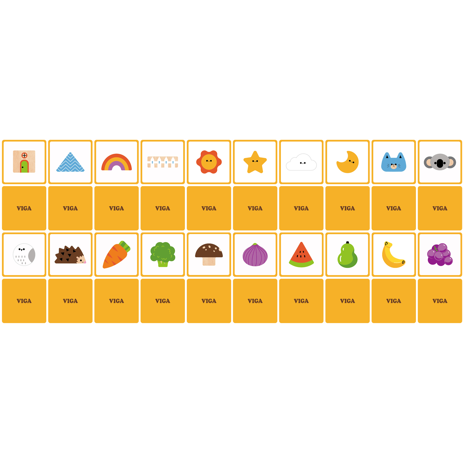 Peças de madeira para crianças com ilustrações coloridas de animais, objetos e frutas