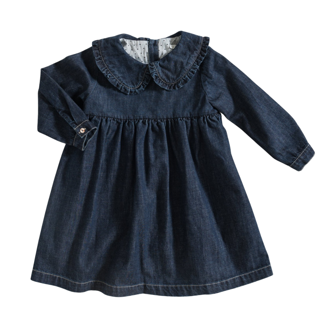Vestido infantil azul jeans com gola redonda franzida e punhos com botão