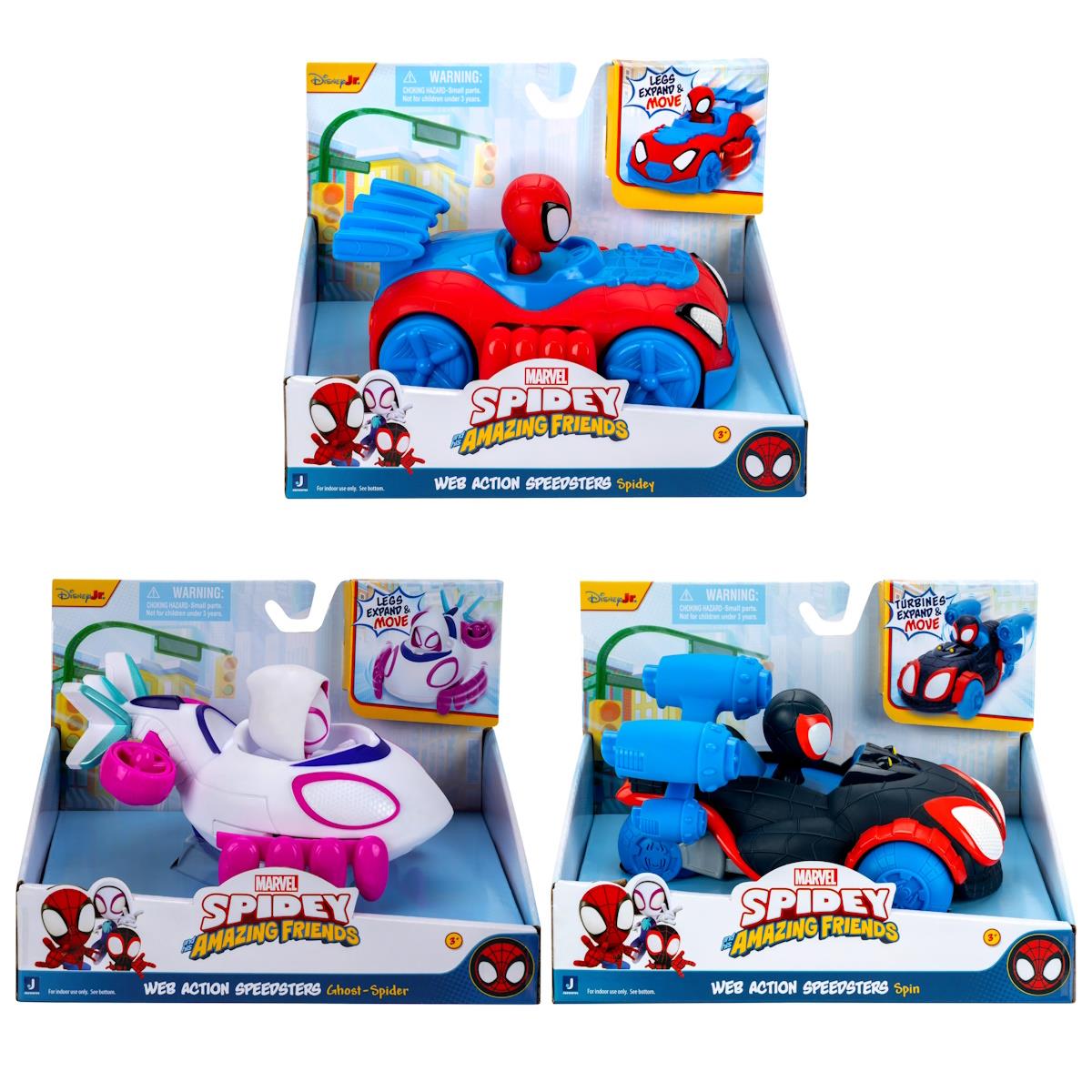 Brinquedos de carros Marvel Spidey Amazing Friends em embalagens com bonecos Spider-Man, Ghost-Spider e Spin