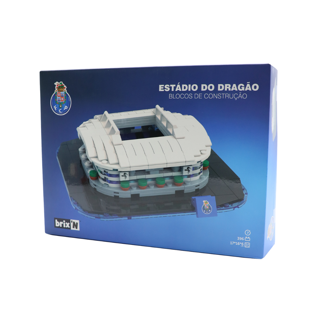 Caixa de blocos de construção do Estádio do Dragão azul com modelo do estádio montado
