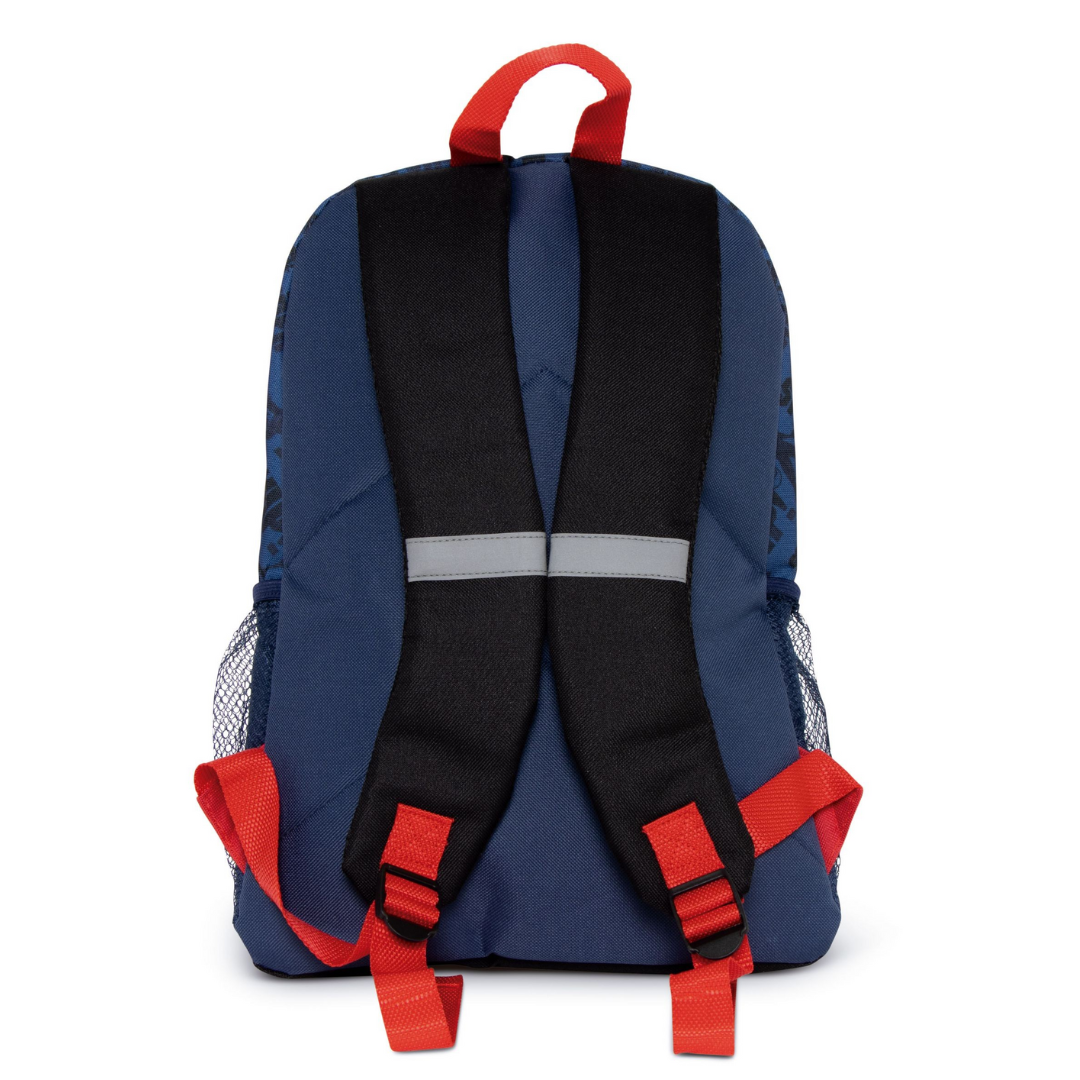 Mochila azul escura com alças pretas e detalhes vermelhos vista de trás