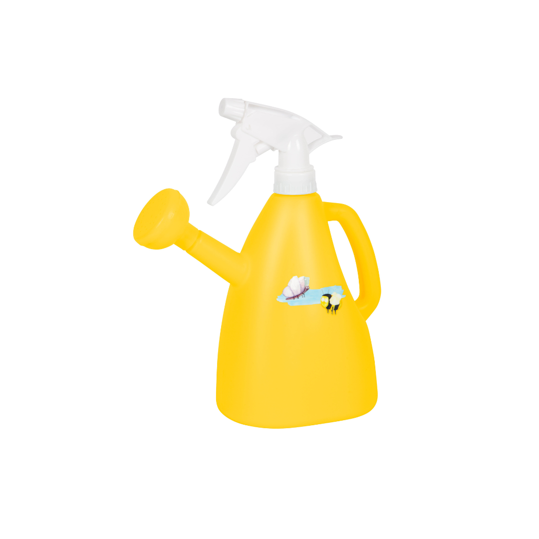 Regador amarelo com bico pulverizador branco e ilustração de abelha e flores