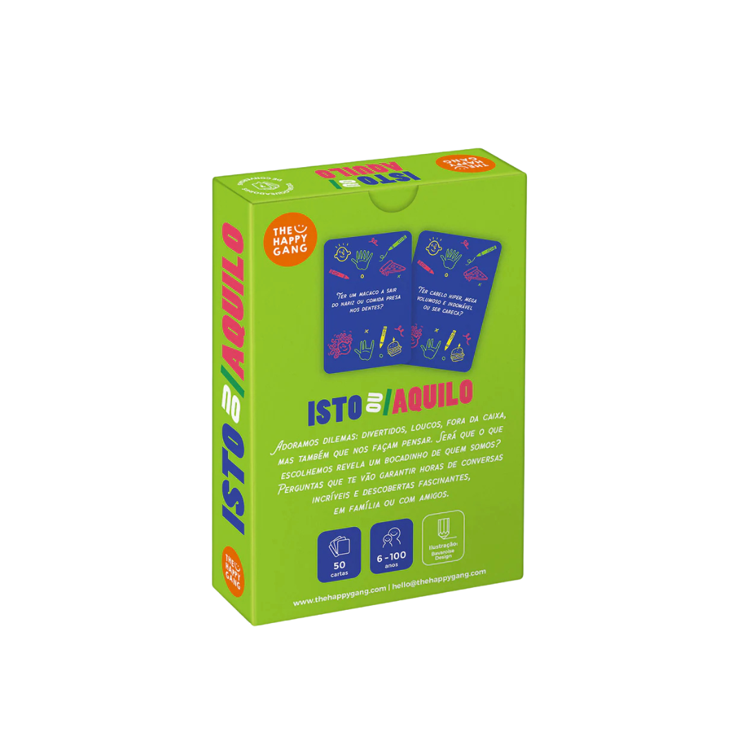 Caixa verde de jogo de cartas ISTO ou AQUILO da marca THE HAPPY GANG