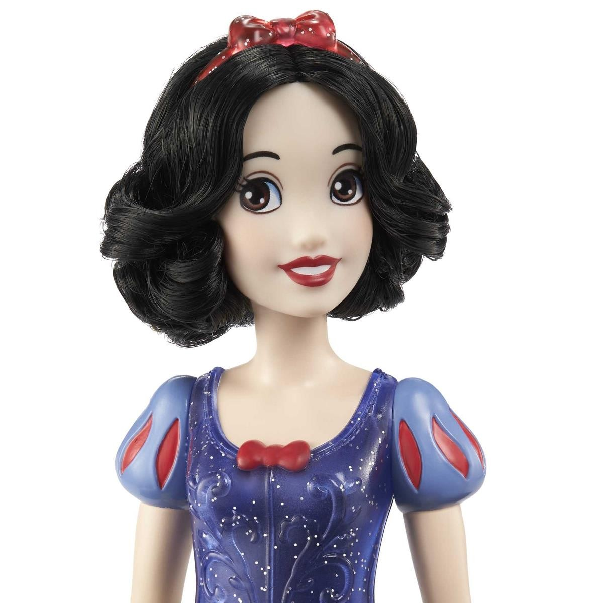 Boneca Branca de Neve com vestido azul e laço vermelho no cabelo