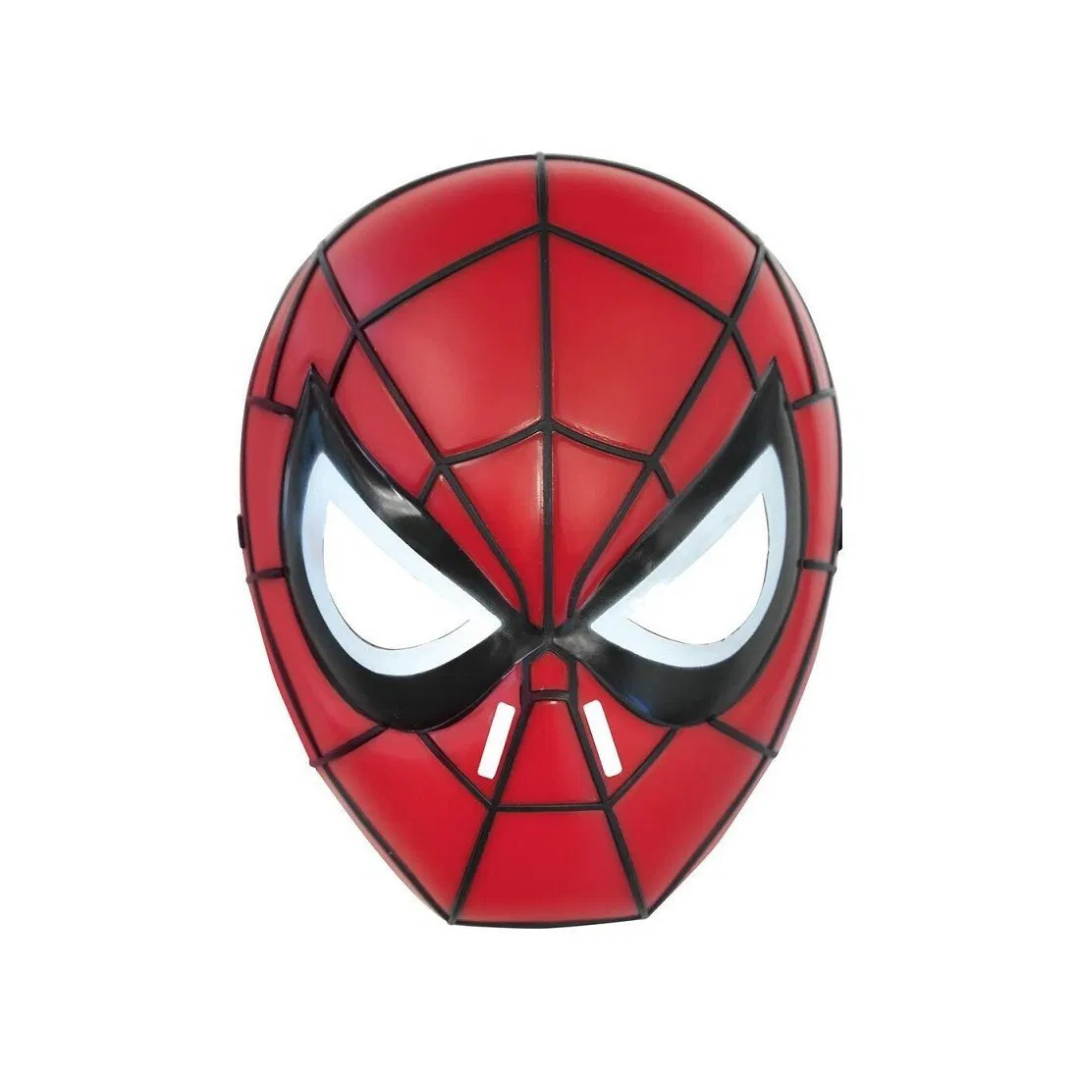 Máscara vermelha do Homem-Aranha com olhos grandes brancos e padrão de teia preta