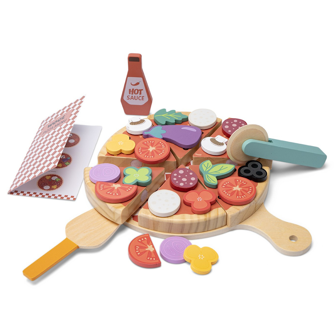 Brinquedo de pizza de madeira colorida com acessórios e menu de papel