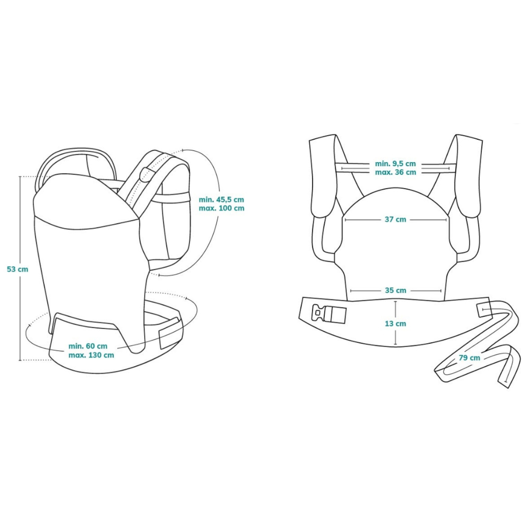 Desenho técnico de um canguru ergonómico com medidas em centímetros