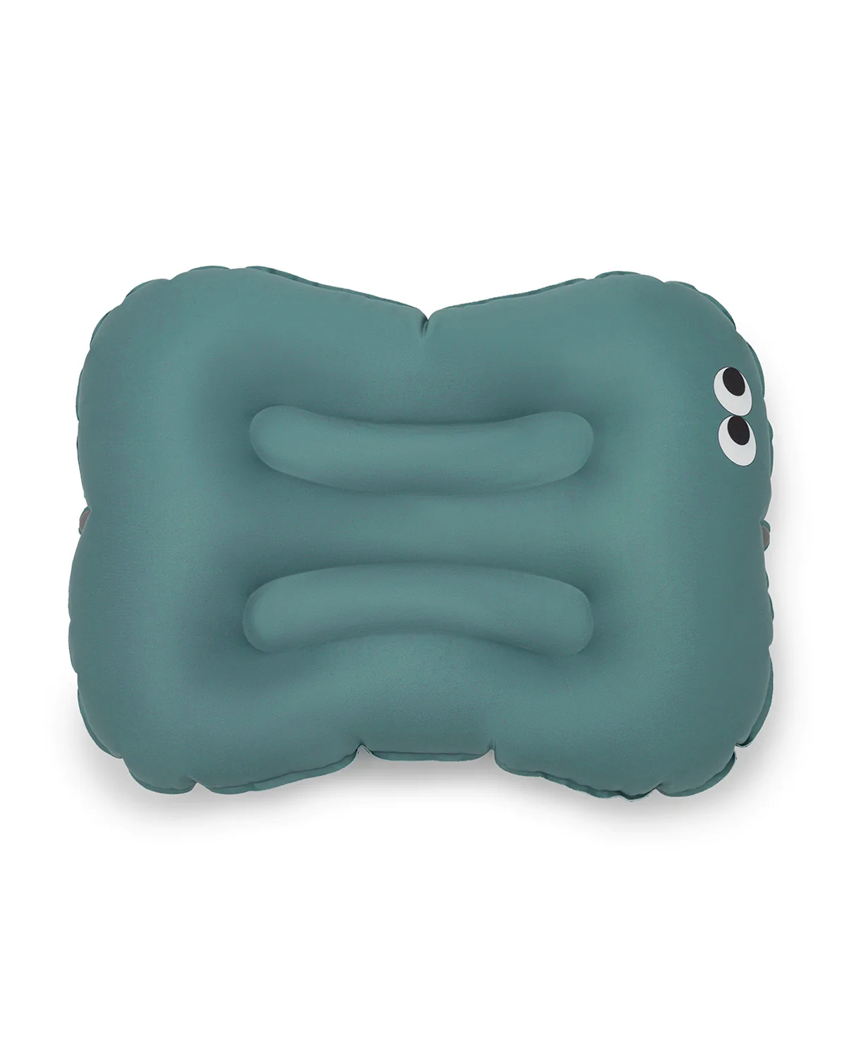 Travesseiro insuflável azul-esverdeado com olhos desenhados