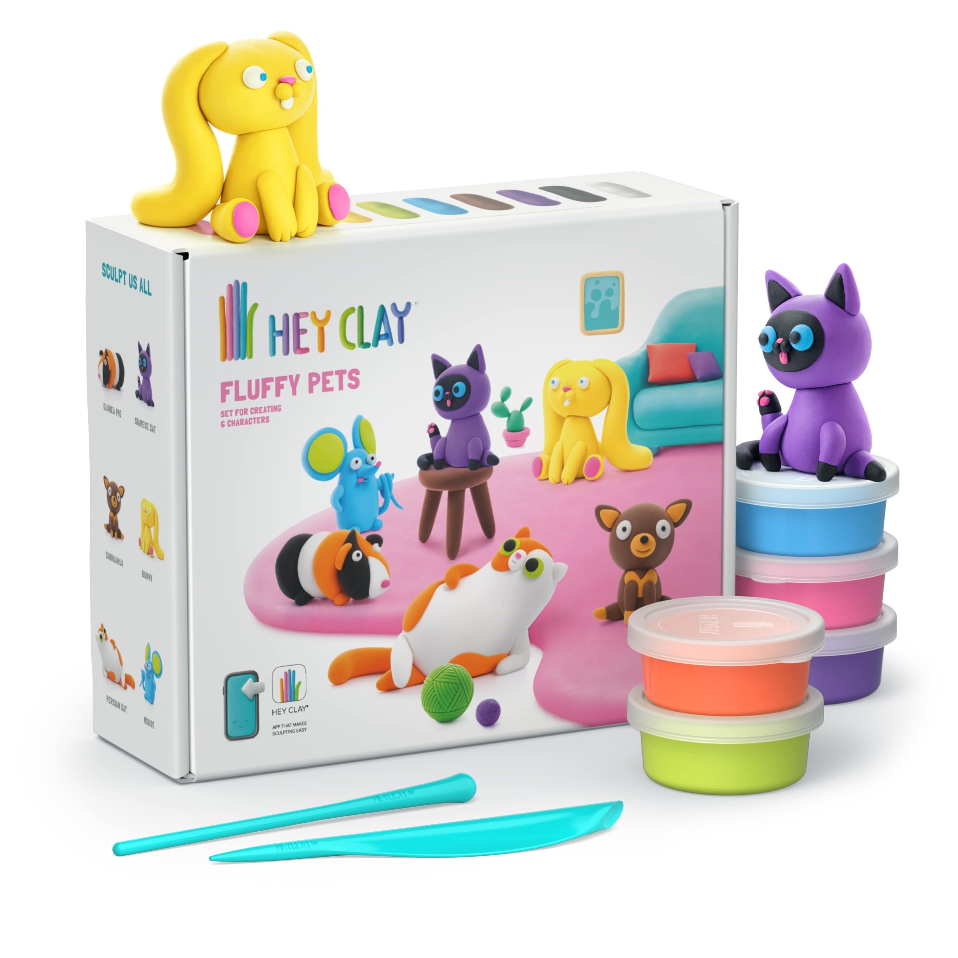 Kit Hey Clay Fluffy Pets com massas coloridas e figuras de animais em massa