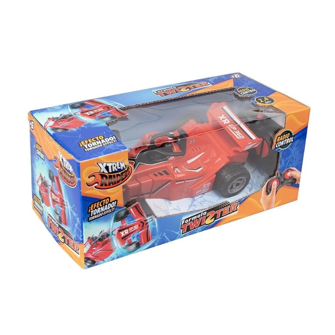 Carro de corrida de brinquedo vermelho com controlo remoto em caixa azul e laranja XTREM RAIDER Formula Twizter