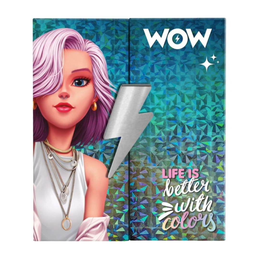 caixa holográfica com personagem feminina e texto 'WOW' e 'LIFE IS better with colors'
