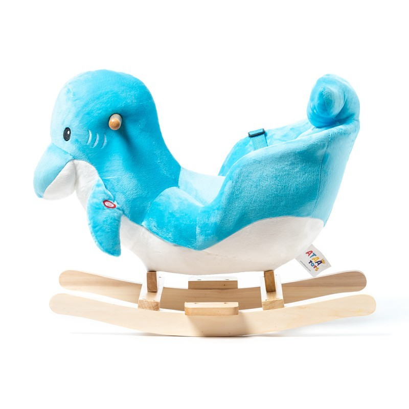 Cavalo de balanço infantil em forma de golfinho azul e branco com base de madeira