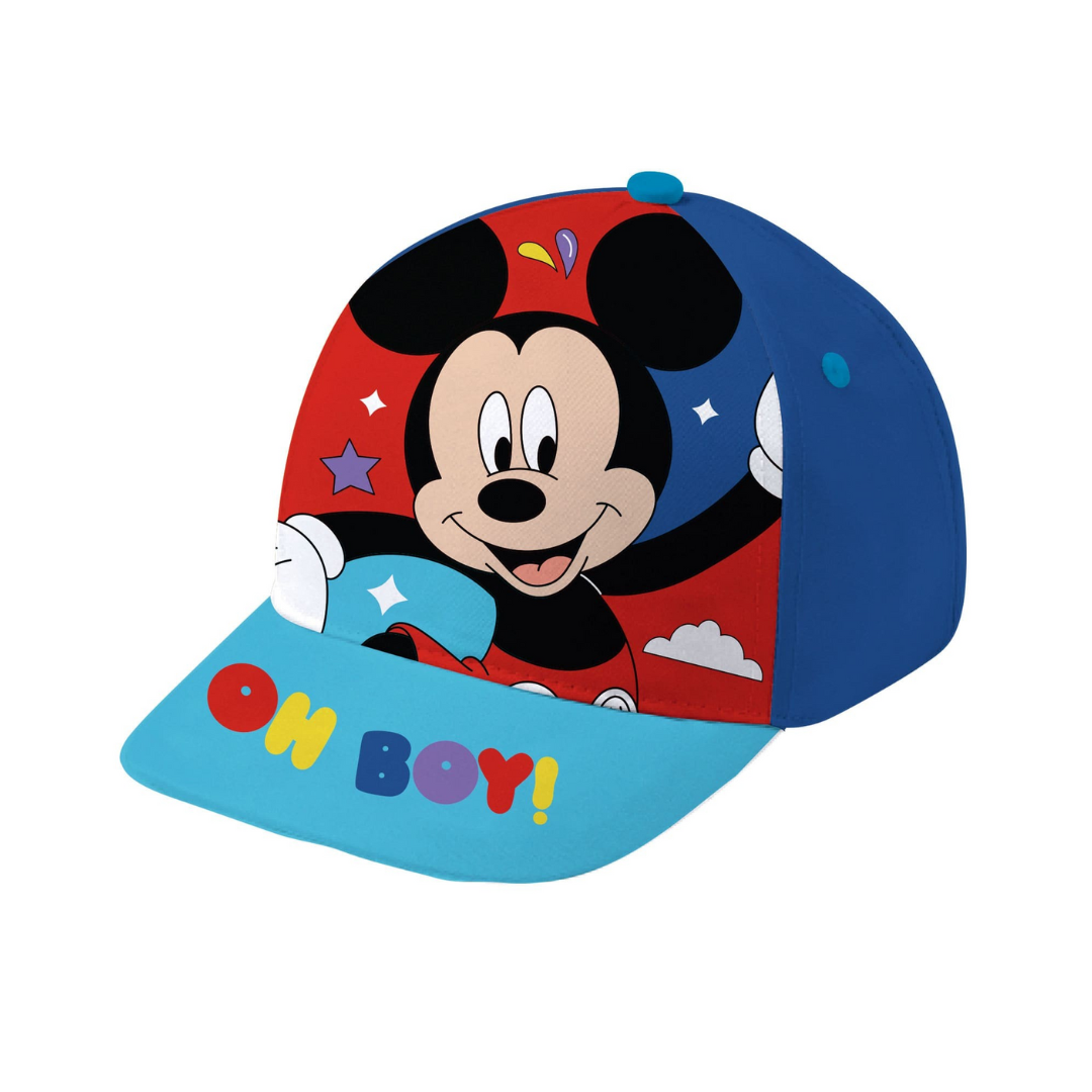Boné infantil azul e vermelho com estampa do Mickey Mouse e texto ON BOY!