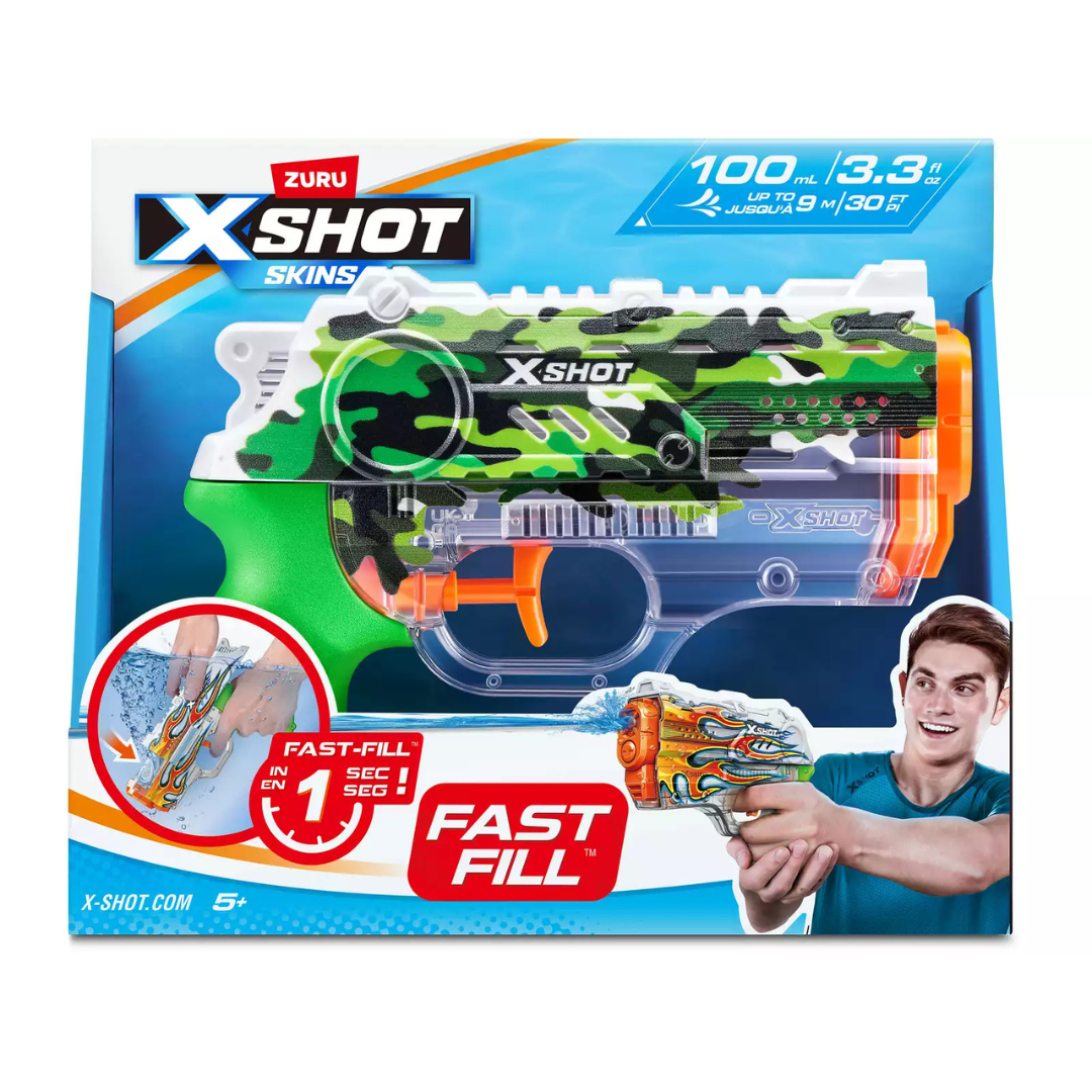 Pistola de água camuflada na embalagem com texto FAST FILL e 100 ml