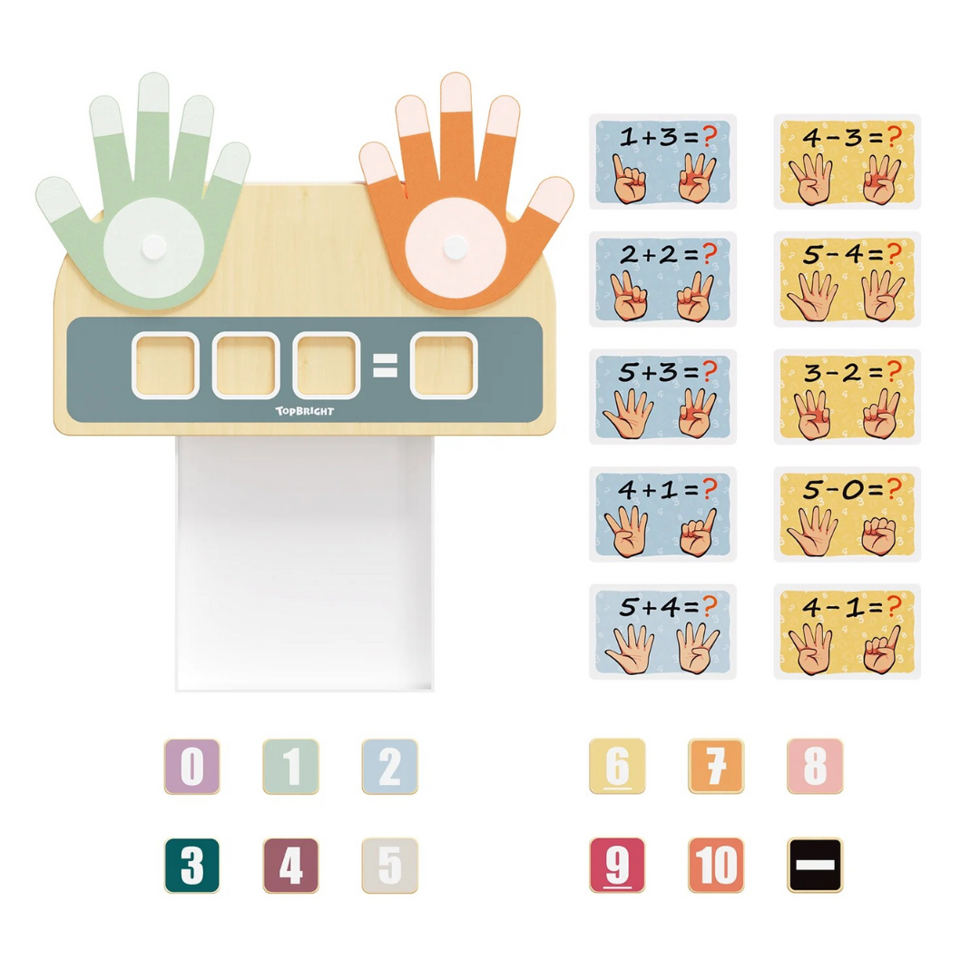 Jogo educativo de madeira para matemática com números, cartas e mãos coloridas