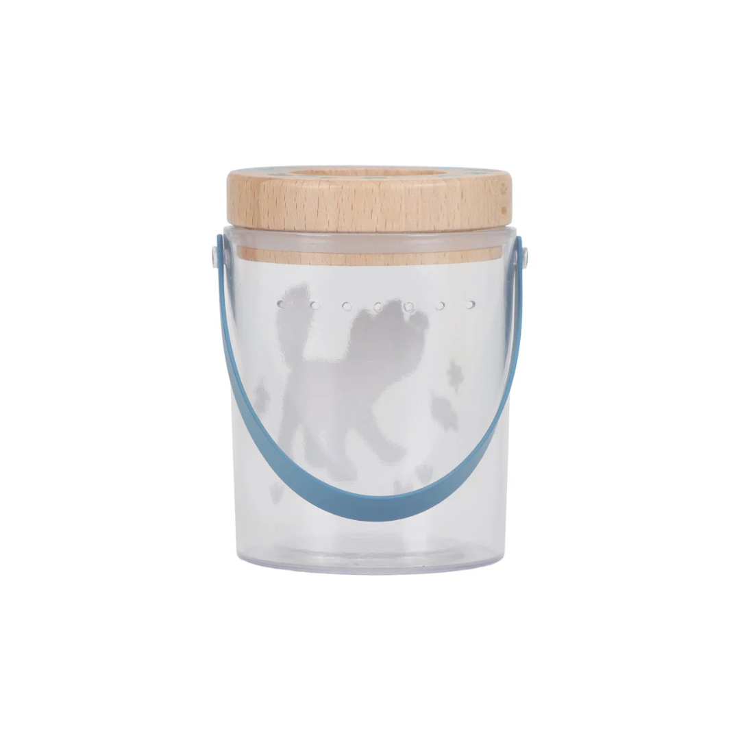 Recipiente transparente com tampa de madeira e alça azul