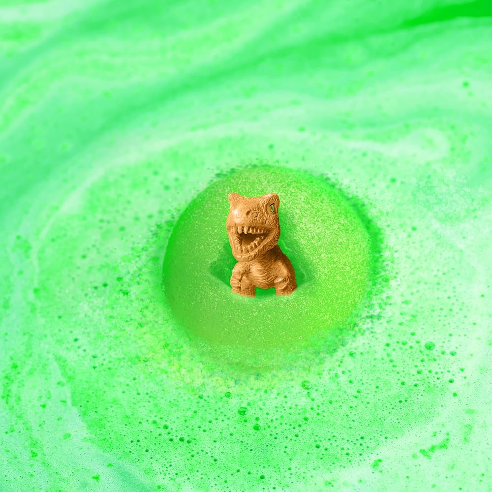 Banho de espuma verde com bomba efervescente e dinossauro castanho emergindo