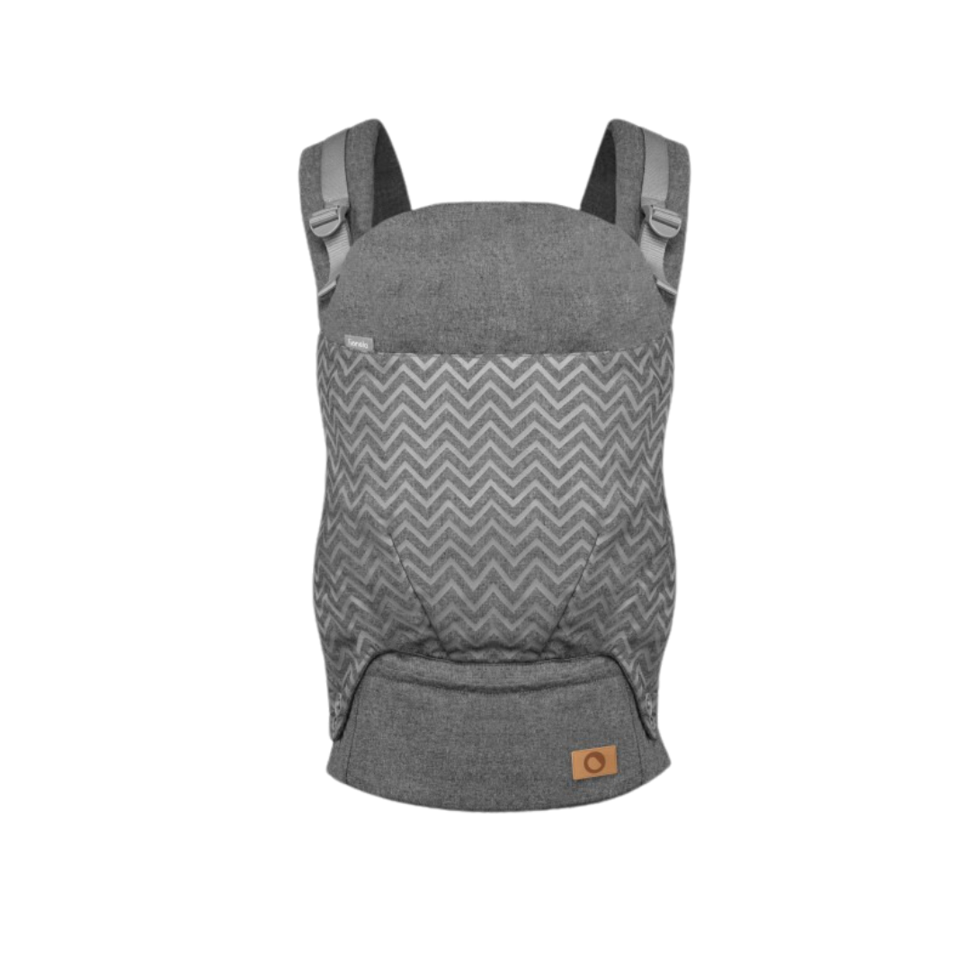 mochila porta-bebé cinza com padrão ziguezague branco