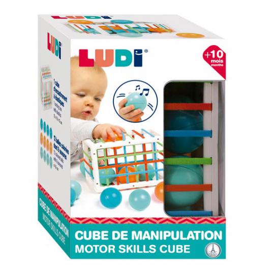 Brinquedo Cube de Manipulação LUDI para bebés com bolas azuis na embalagem.