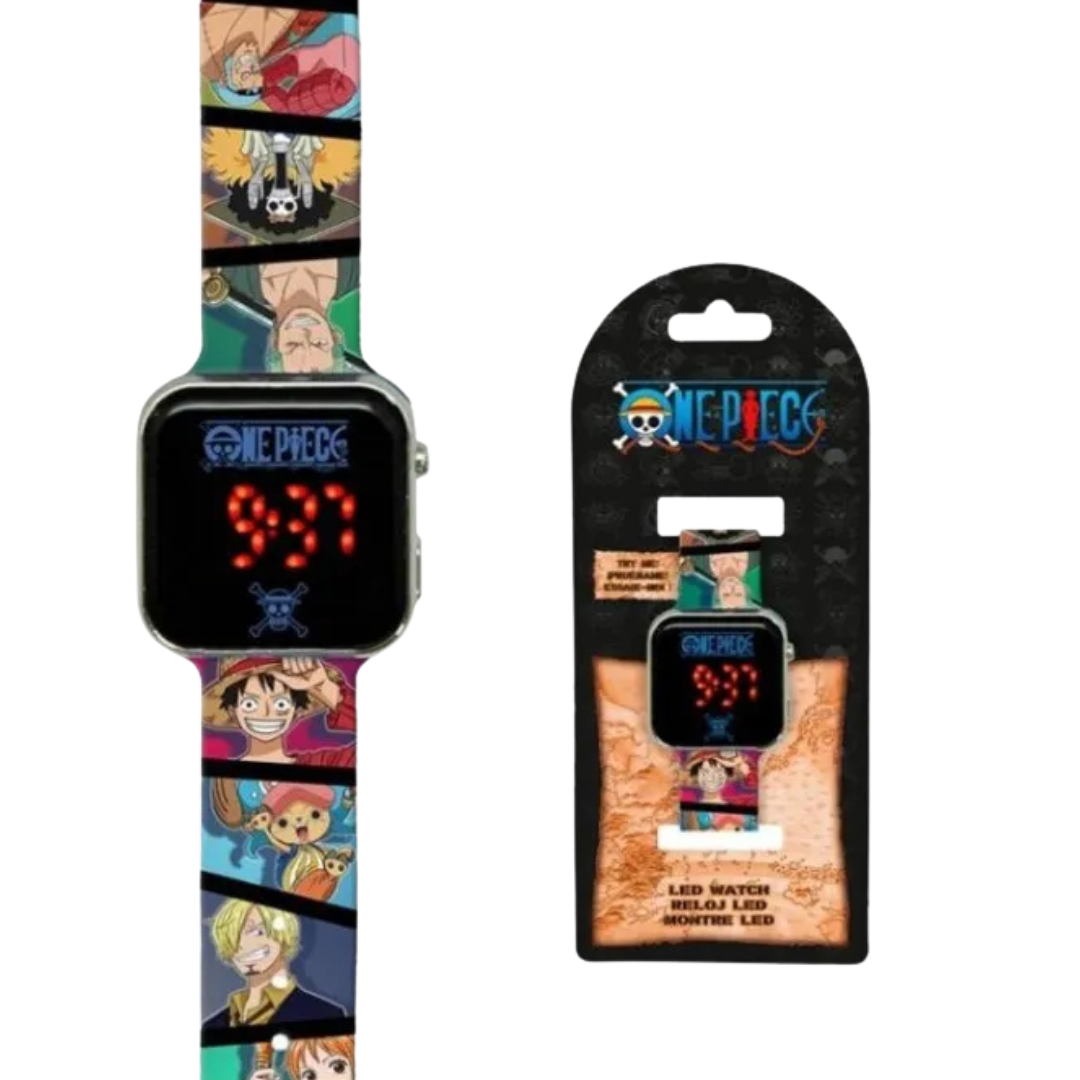 Relógio LED digital com bracelete colorida estampada One Piece e embalagem preta com logo