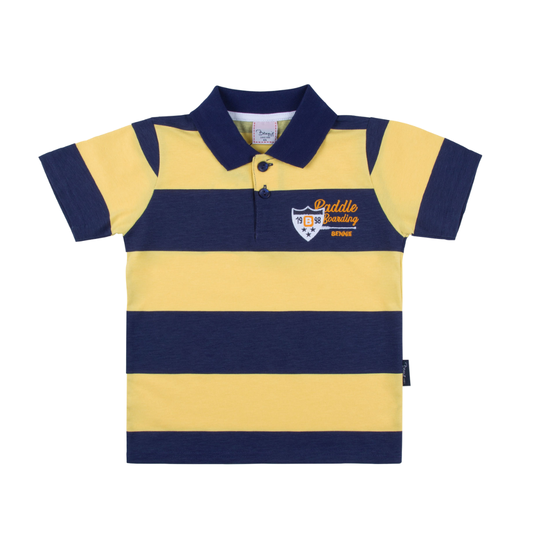 Camisola polo infantil às riscas amarelas e azul escuro com estampado no peito