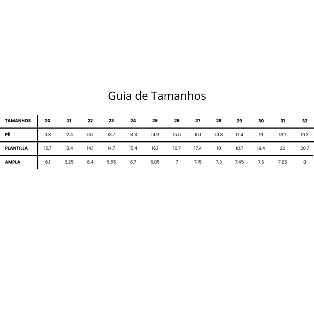Tabela com guia de tamanhos para pé, plantilla e ampla de calçado.