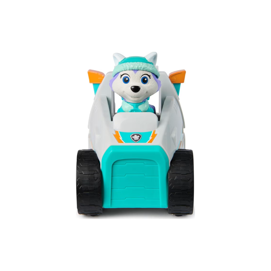 Carrinho de brinquedo com figura de cão branco azul sentado