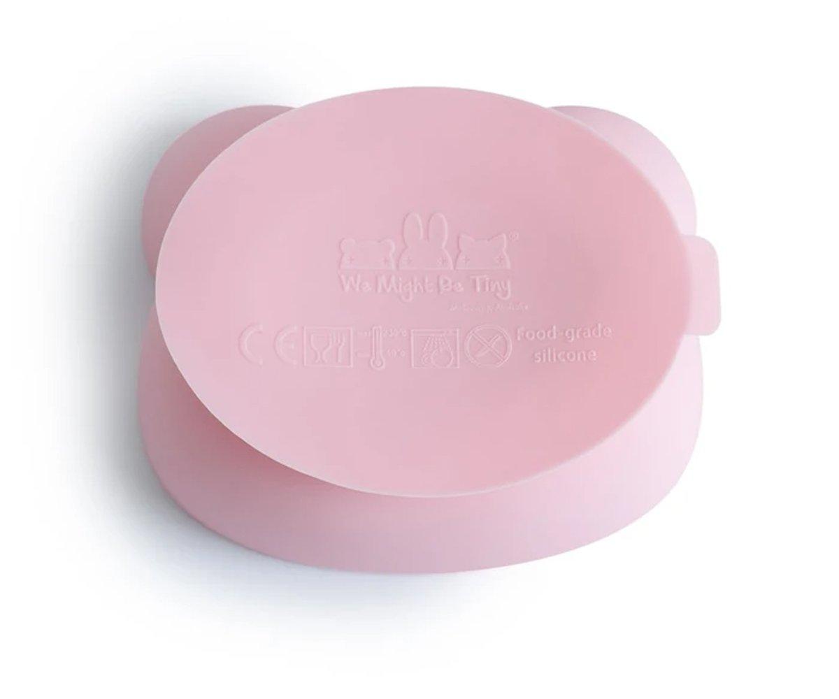 Prato infantil rosa de silicone com inscrições em relevo e formato oval