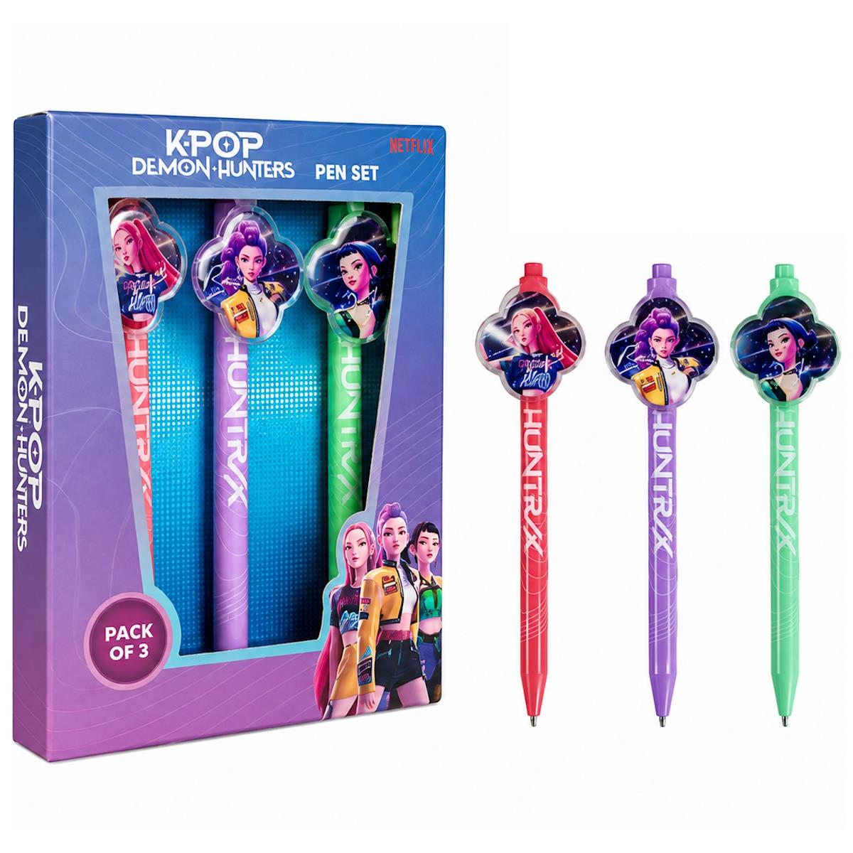 Conjunto de 3 canetas K-POP DEMON HUNTERS coloridas com personagens na tampa e embalagem azul e roxa
