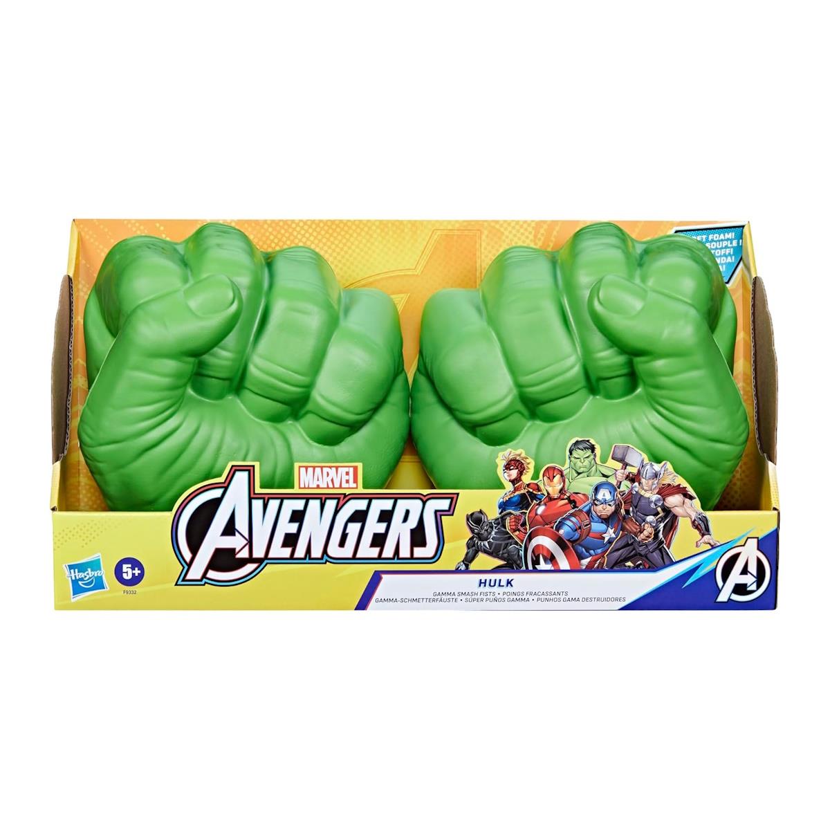 Mãos de espuma verdes do Hulk em embalagem dos Avengers
