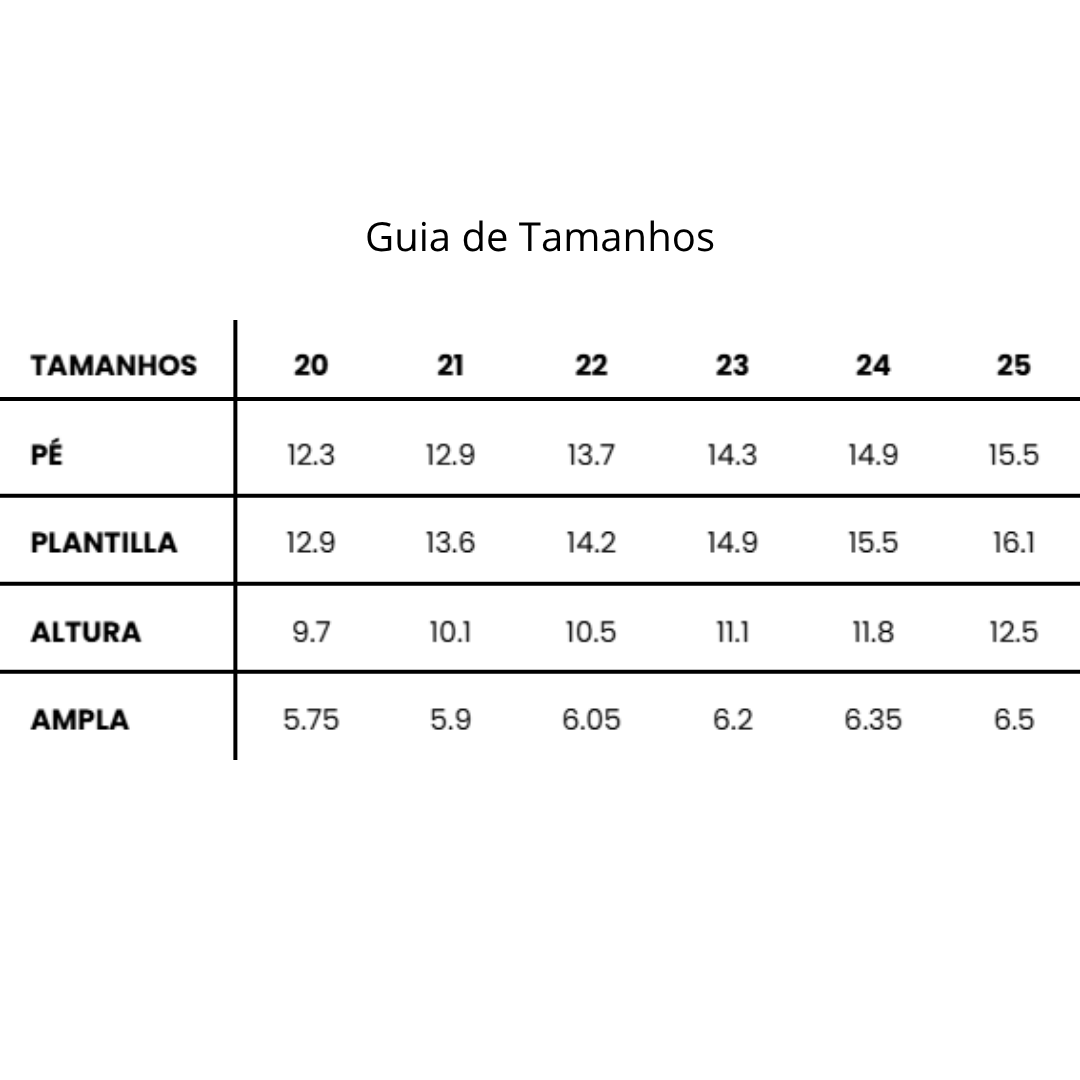 Guia de tamanhos de pé, plantilla, altura e ampla para tamanhos 20 a 25