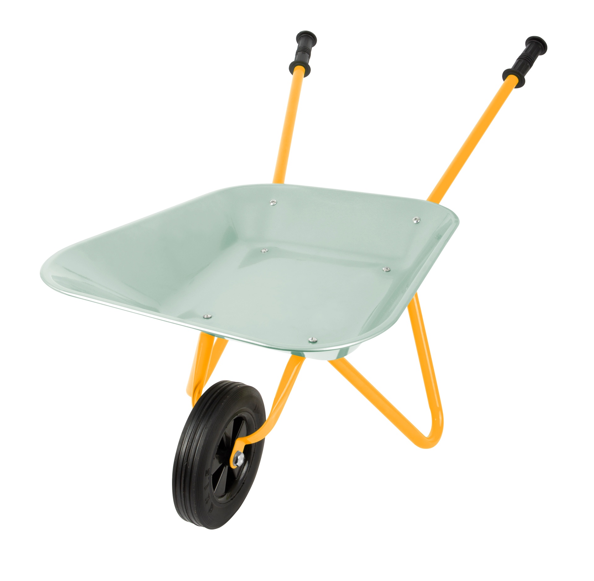 Carrinho de mão metálico cinza claro com estrutura amarela e uma roda preta