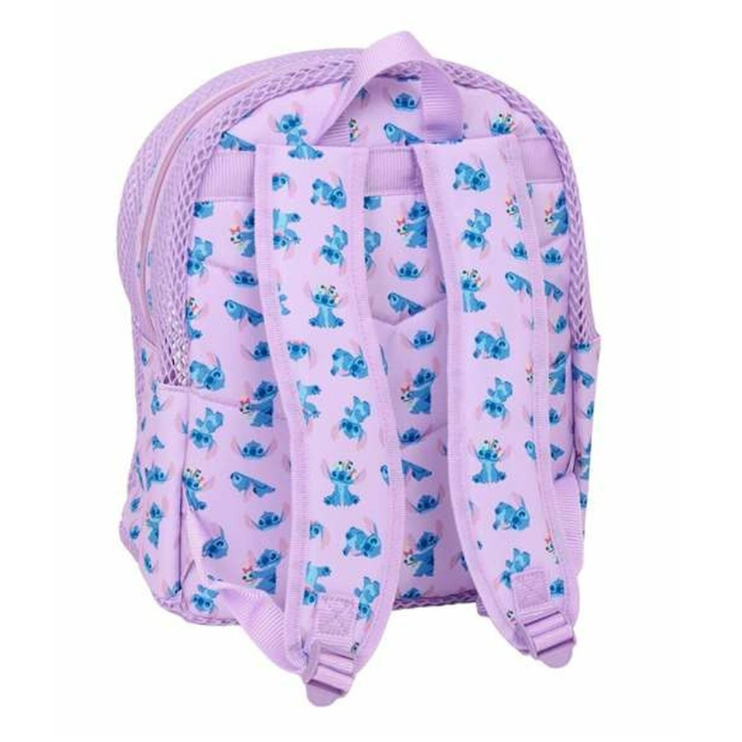 Mochila lilás com padrão azul de personagem animado, alças acolchoadas ajustáveis, bolsos laterais em malha.