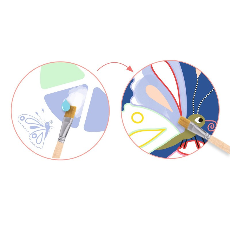 Pincel a pintar uma borboleta com diversas cores em duas fases diferentes.