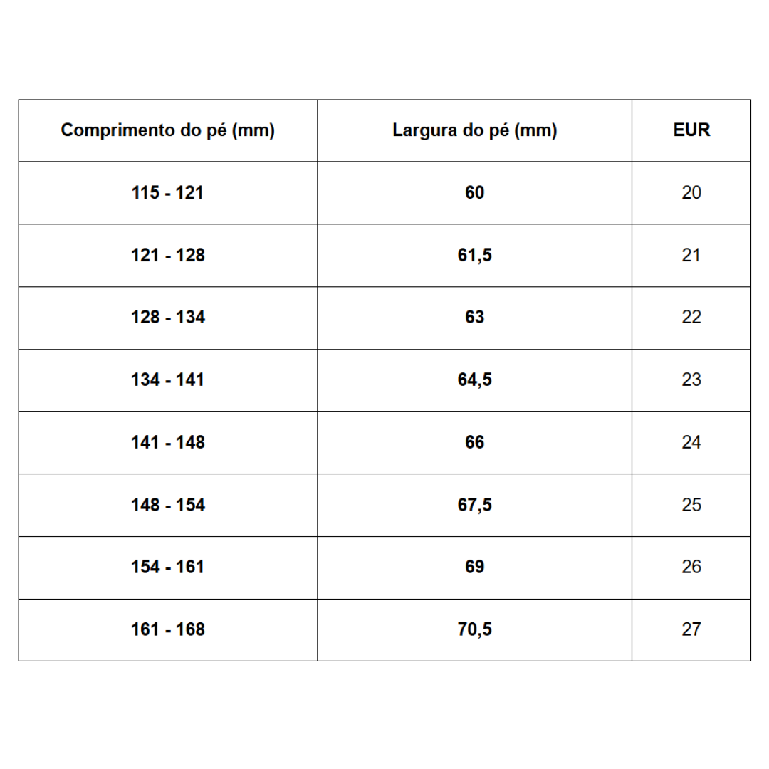 Tabela de tamanhos de calçado com três colunas e várias linhas