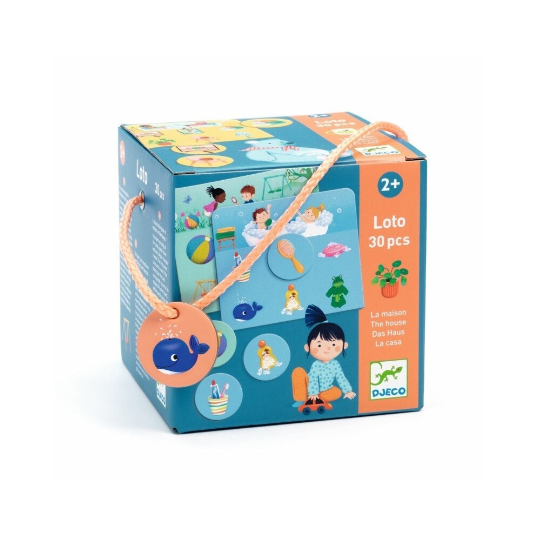 Caixa colorida do jogo Loto com ilustrações e etiqueta redonda laranja com baleia azul