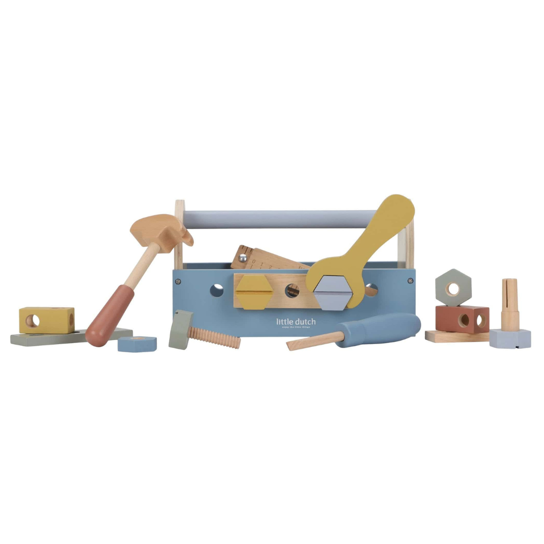 Conjunto de ferramentas de madeira infantil com caixa azul claro