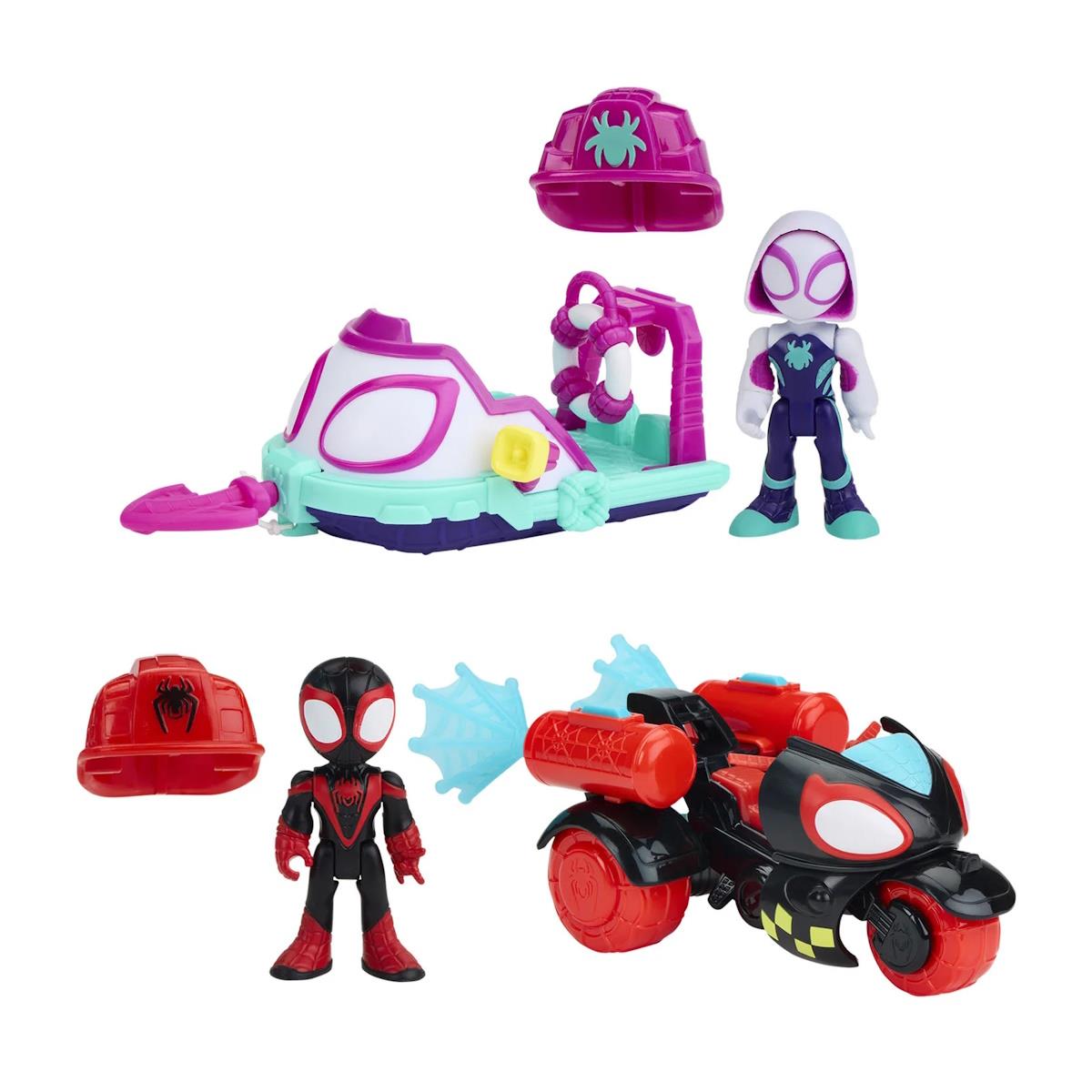 Figuras de super-heróis e veículos brinquedo coloridos com capacetes e acessórios.