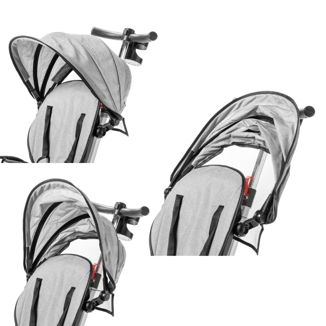 Tres vistas detalhadas da capota e assento de um carrinho de bebé cinzento claro com cintos pretos e detalhes vermelhos