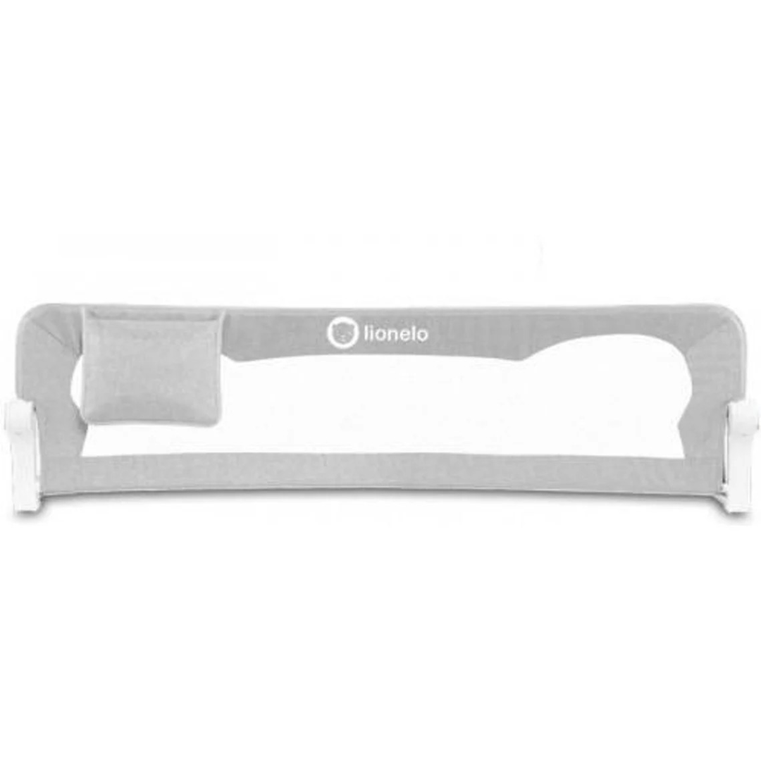 Barreira de proteção para cama infantil cinza claro com rede branca e apoio de cabeça